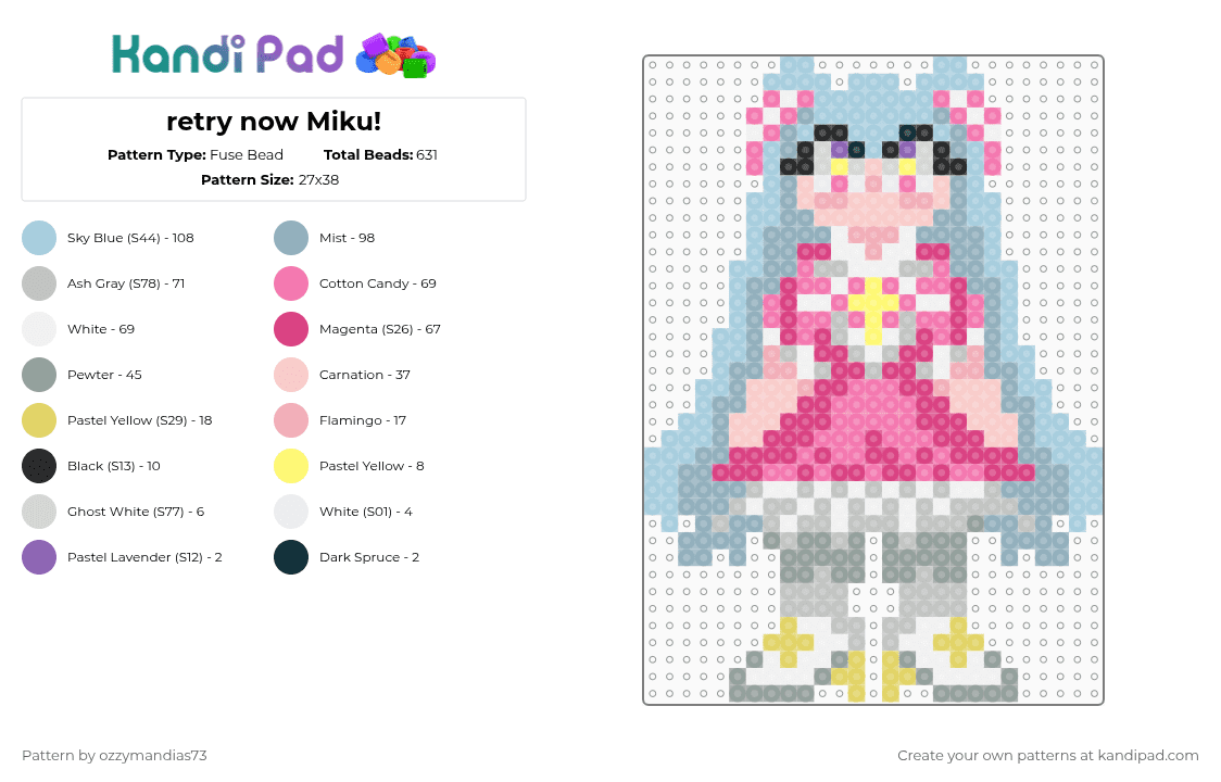 retry now Miku! - Fuse Bead Pattern by ozzie_73 on Kandi Pad - light blue,pink,beige,miku,hatsune miku,vocaloid,music,robot,anime,kawaii