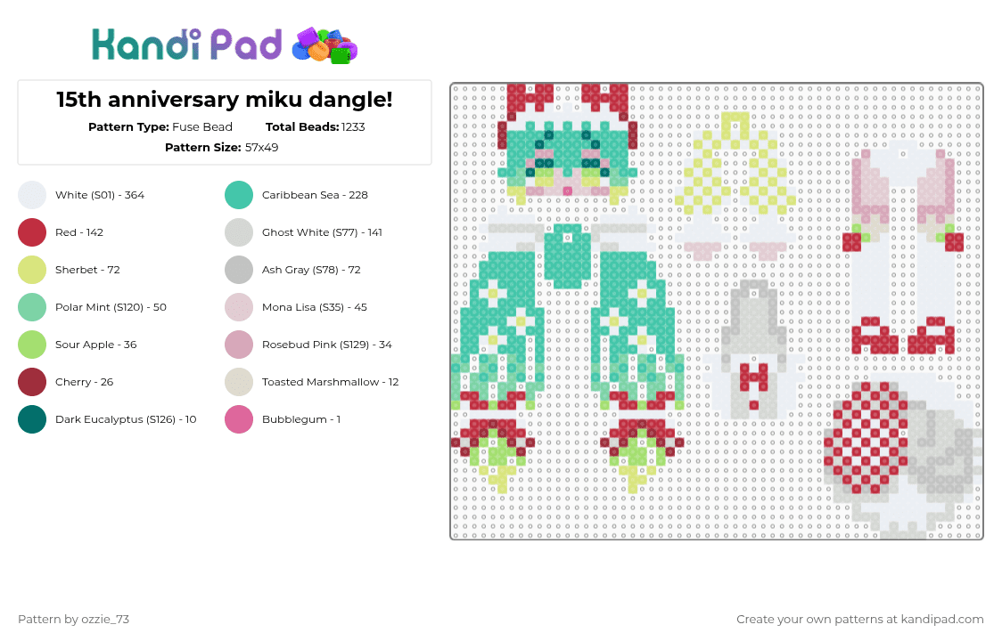 15th anniversary miku dangle! - Fuse Bead Pattern by ozzie_73 on Kandi Pad - white,teal,red,hatsune miku,miku,dangle,keychain,charm,anime,vocaloid,teto
