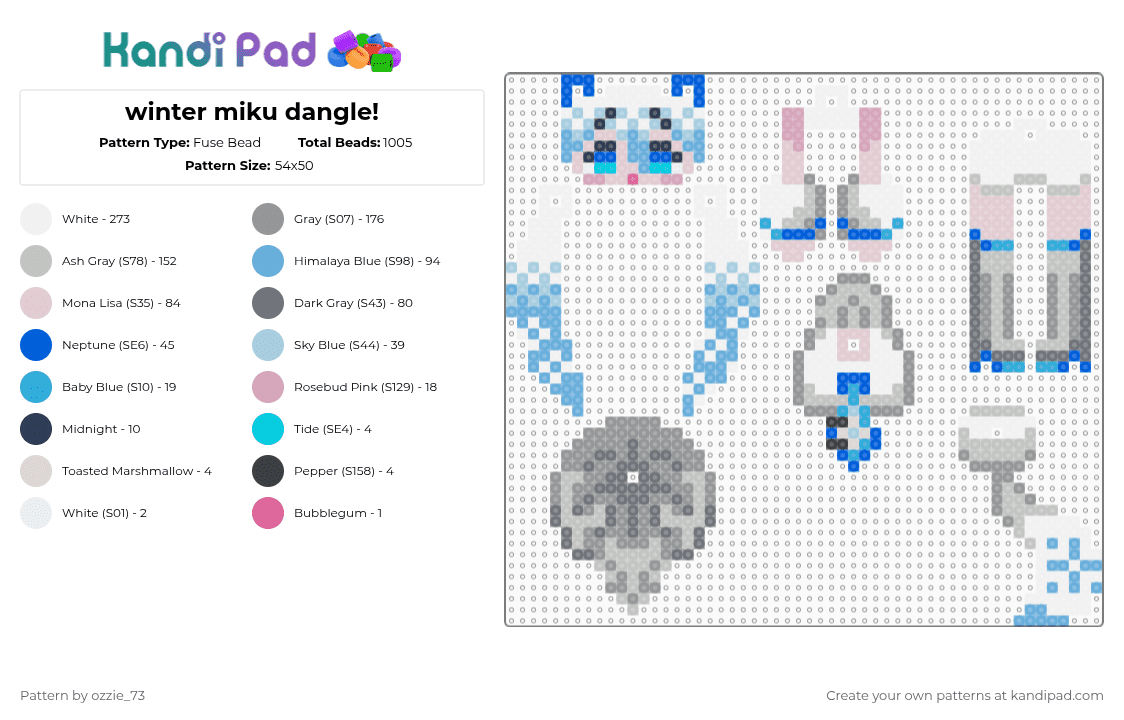 winter miku dangle! - Fuse Bead Pattern by ozzie_73 on Kandi Pad - light blue,beige,gray,miku,hatsune miku,vocaloid,keychain,anime,cute,kawaii,winter
