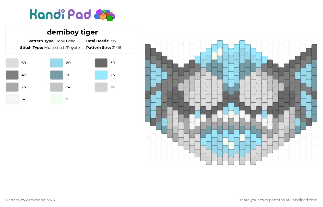 demiboy tiger - Pony Bead Pattern by ozzie_73 on Kandi Pad - gray,light blue,demiboy,pride,cat,therian,furry,fursona,tiger,mask