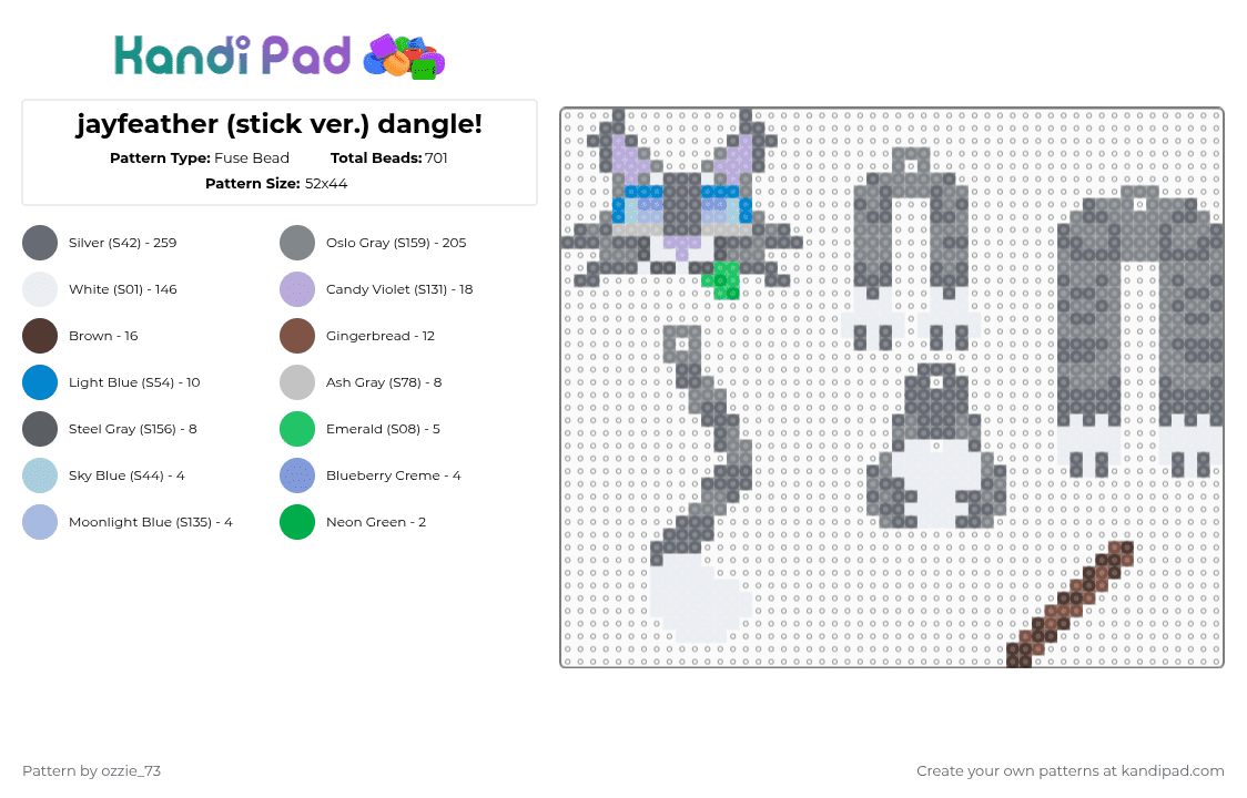 jayfeather (stick ver.) dangle! - Fuse Bead Pattern by ozzie_73 on Kandi Pad - gray,jayfeather,warriors,cats,dangle,keychain,charm