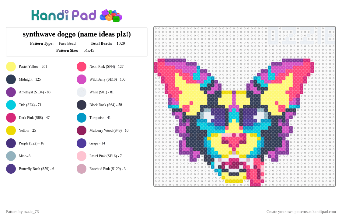 penter the synthwave doggo! - Fuse Bead Pattern by ozzie_73 on Kandi Pad - yellow,pink,purple,synthwave,dog,wolf,furry,fursona