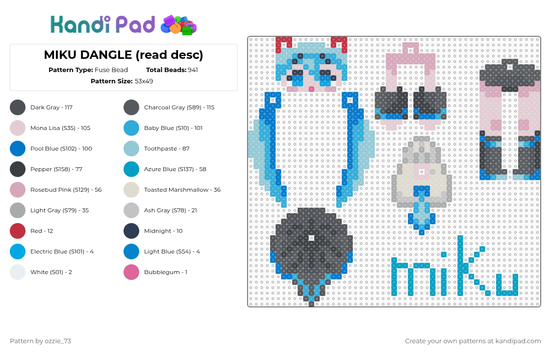 miku dangle! - Fuse Bead Pattern by ozzie_73 on Kandi Pad - light blue,blue,gray,miku,hatsune miku,vocaloid,singer,music,anime,kawaii
