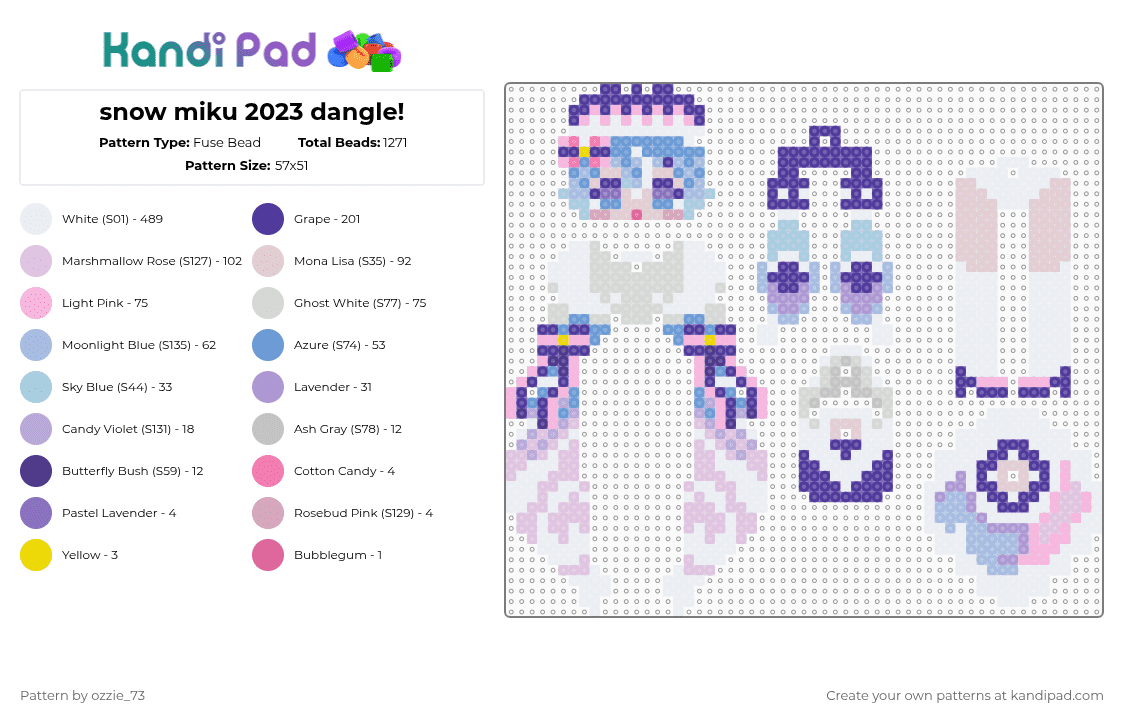 snow miku 2023 dangle! - Fuse Bead Pattern by ozzie_73 on Kandi Pad - white,purple,light blue,pink,hatsune miku,keychain,anime,vocaloid,miku,winter,snow,kawaii