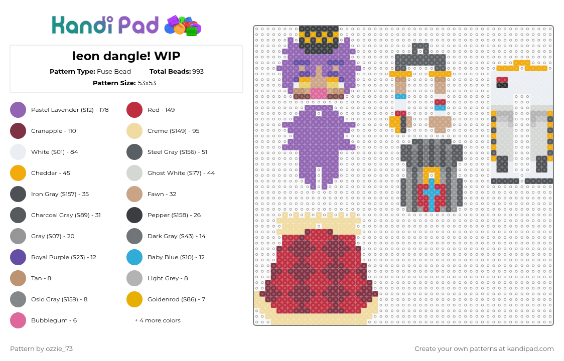 leon dangle! - Fuse Bead Pattern by ozzie_73 on Kandi Pad - pink,beige,red,brown,colorful,leon,pokemon,galar