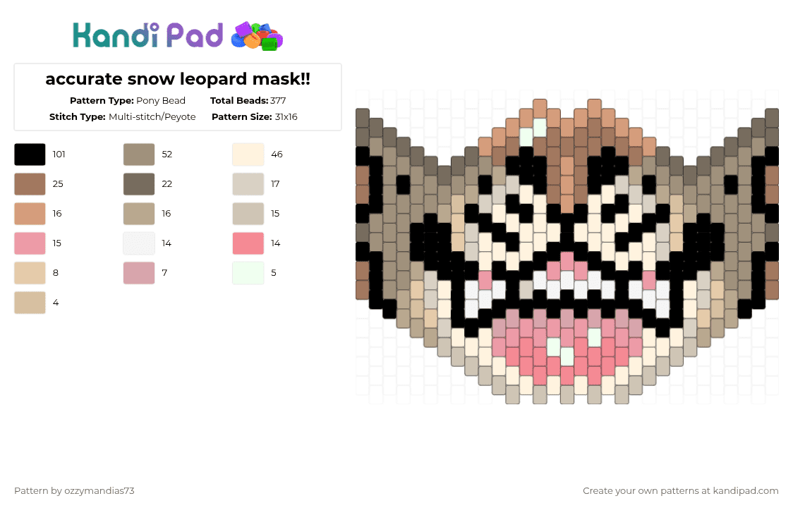 accurate snow leopard mask!! - Pony Bead Pattern by ozzie_73 on Kandi Pad - gray,beige,snow leopard,mask,furry,fursona,therian,leopard,cat,wild