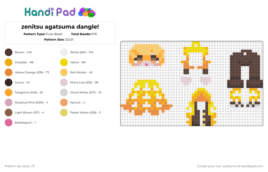 zenitsu agatsuma dangle! - Fuse Bead Pattern by ozzie_73 on Kandi Pad - orange,yellow,brown,zenitsu,agatsuma,demon slayer,anime,dangle,keychain,charm,kawaii