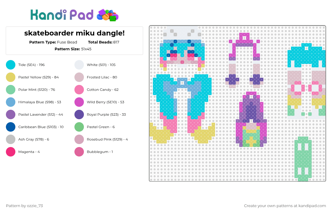 skateboarder miku dangle! - Fuse Bead Pattern by ozzie_73 on Kandi Pad - light blue,pink,cotdskateboarding,miku,hatsune miku,vocaloid,anime,skateboard,dangle,keychain