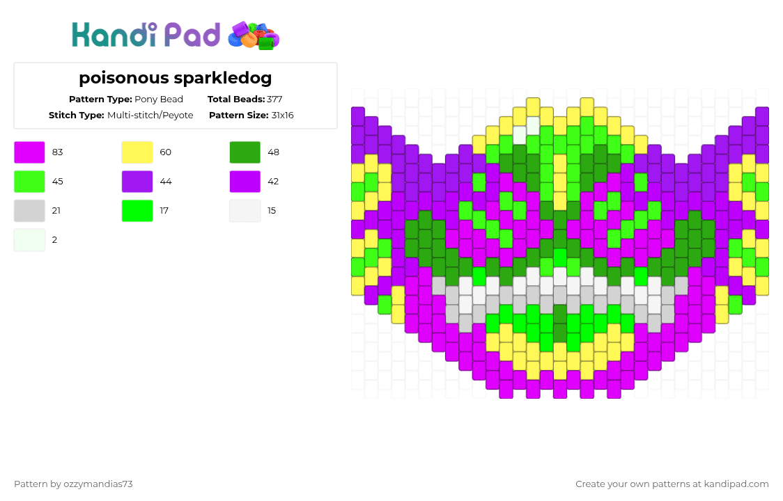 poisonous sparkledog - Pony Bead Pattern by ozzie_73 on Kandi Pad - purple,green,pink,furry,fursona,mask,rave,neon,toxic,poison