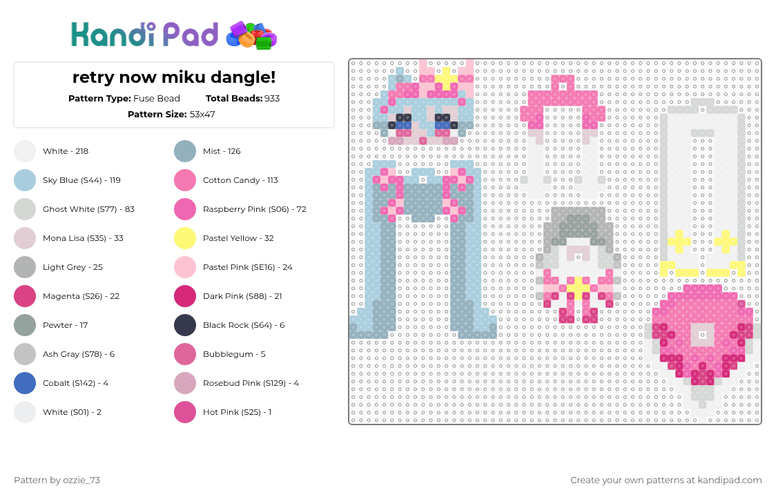 retry now miku dangle! - Fuse Bead Pattern by ozzie_73 on Kandi Pad - pink,light blue,miku,hatsune miku,vocaloid,kawaii,anime,keychain,singer,cute