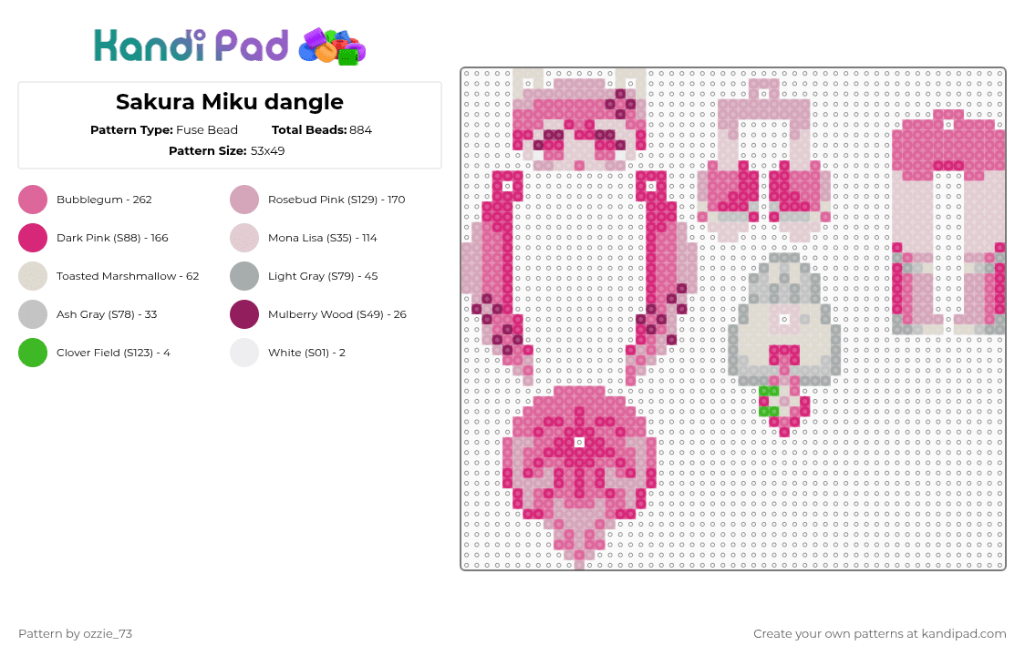 sakura miku dangle! - Fuse Bead Pattern by ozzie_73 on Kandi Pad - pink,hatsune miku,miku,sakura,flower,singer,teto,vocaloid,keychain