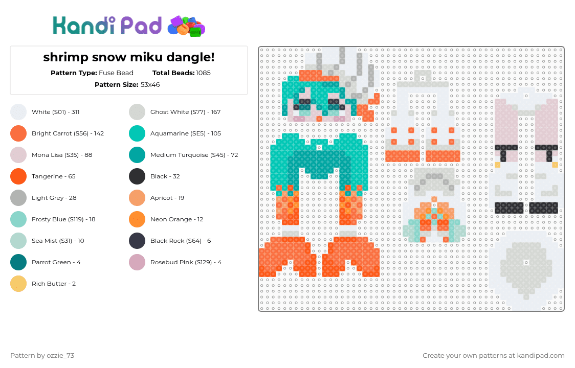 shrimp snow miku dangle! - Fuse Bead Pattern by ozzie_73 on Kandi Pad - white,orange,teal,miku,hatsune miku,vocaloid,cute,kawaii,anime,keychain,teto