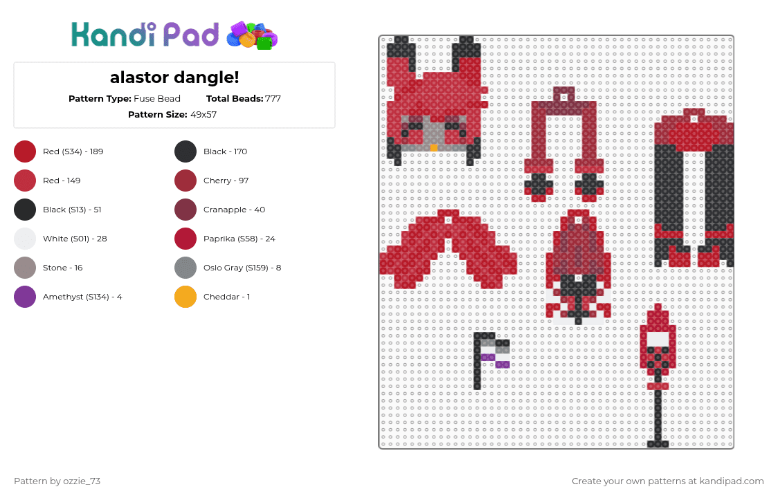 alastor dangle! - Fuse Bead Pattern by ozzie_73 on Kandi Pad - red,alastor,hazbin,helluva boss,hazbin hotel,anime,dangle,keychain,asexual