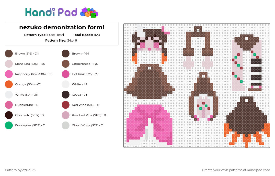 nezuko demonization form dangle! - Fuse Bead Pattern by ozzie_73 on Kandi Pad - brown,pink,tan,nezuko,demon slayer,demon,anime,kawaii,keychain,charm,dangle