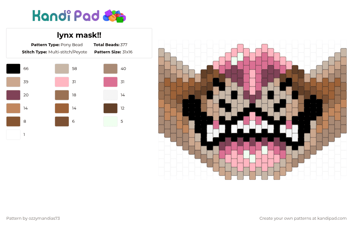 lynx mask!! - Pony Bead Pattern by ozzie_73 on Kandi Pad - beige,pink,tan,lynx,bobcat,therian,furry,fursona,mask