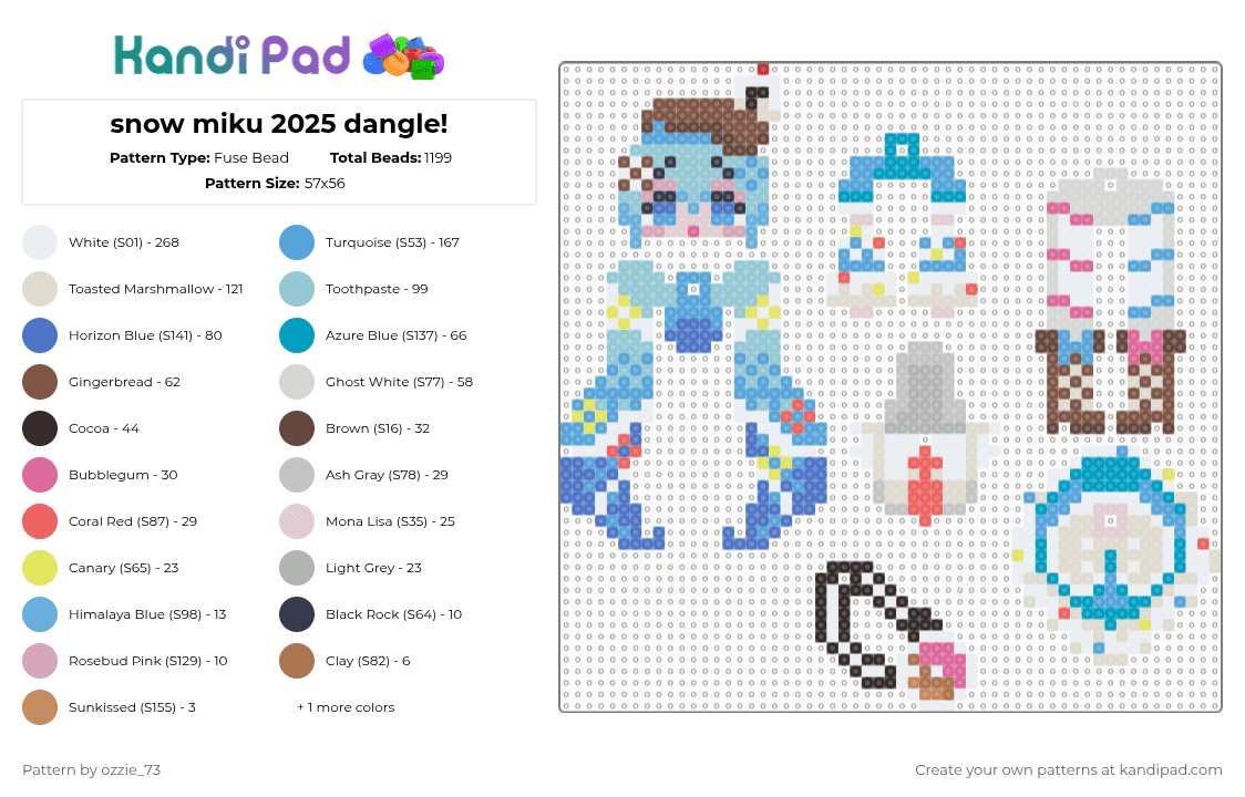 snow miku 2025 dangle! - Fuse Bead Pattern by ozzie_73 on Kandi Pad - light blue,beige,miku,hatsune miku,vocaloid,winter,christmas,keychain,kawaii,anime