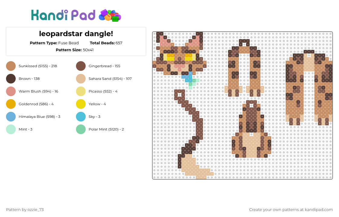 leopardstar dangle! - Fuse Bead Pattern by ozzie_73 on Kandi Pad - tan,brown,beige,dangle,keychain,charm,warriors,cat,cute,kawaii