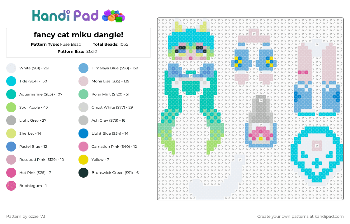 fancy cat miku dangle! - Fuse Bead Pattern by ozzie_73 on Kandi Pad - white,light blue,teal,cat,miku,hatsune miku,vocaloid,anime,dangle,keychain,charm