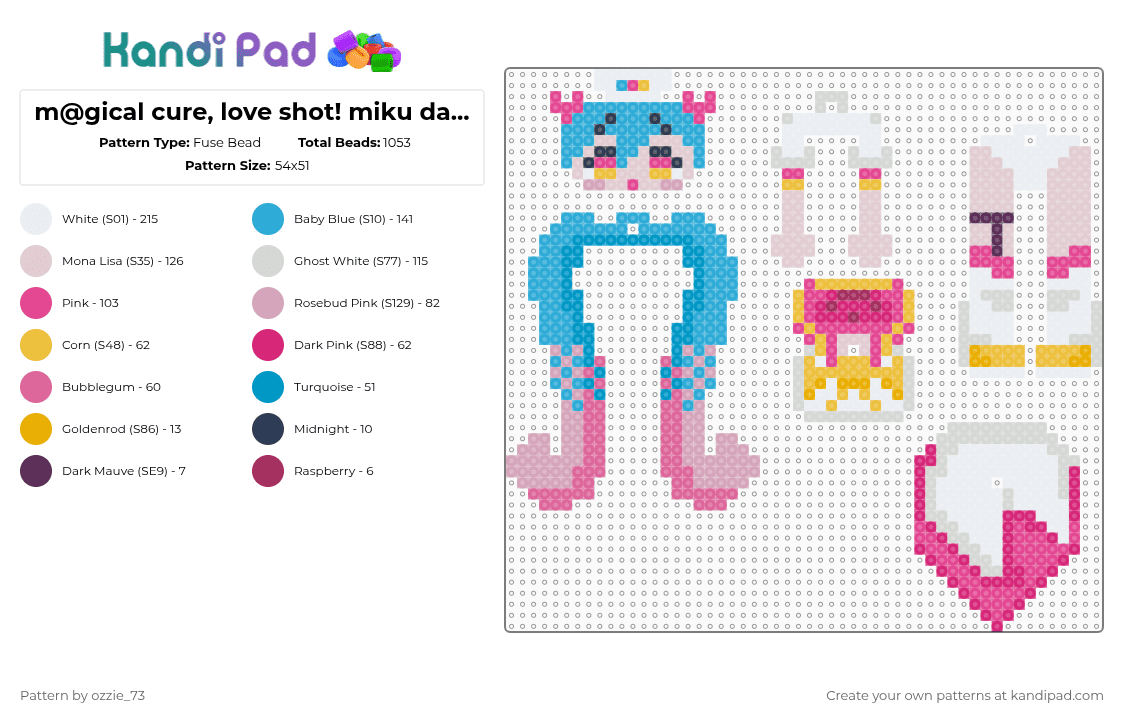 m@gical cure, love shot! miku dangle! - Fuse Bead Pattern by ozzie_73 on Kandi Pad - white,light blue,pink,miku,hatsune miku,anime,vocaloid,teto,cute,kawaii,keychain
