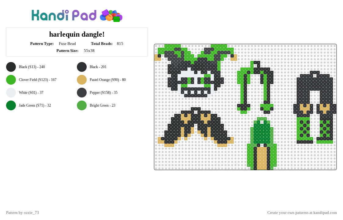 harlequin dangle! - Fuse Bead Pattern by ozzie_73 on Kandi Pad - black,green,orange,harlequin,pierrot,freak circus,dangle,keychain,cute,kawaii,video game
