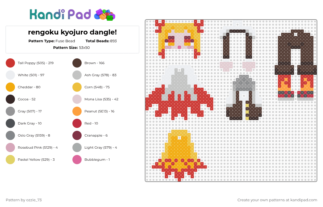 rengoku kyojuro dangle! - Fuse Bead Pattern by ozzie_73 on Kandi Pad - brown,red,rengoku kyojuro,kyojuro,rengoku,hashira,demon slayer,demonslayer,anime,keychain