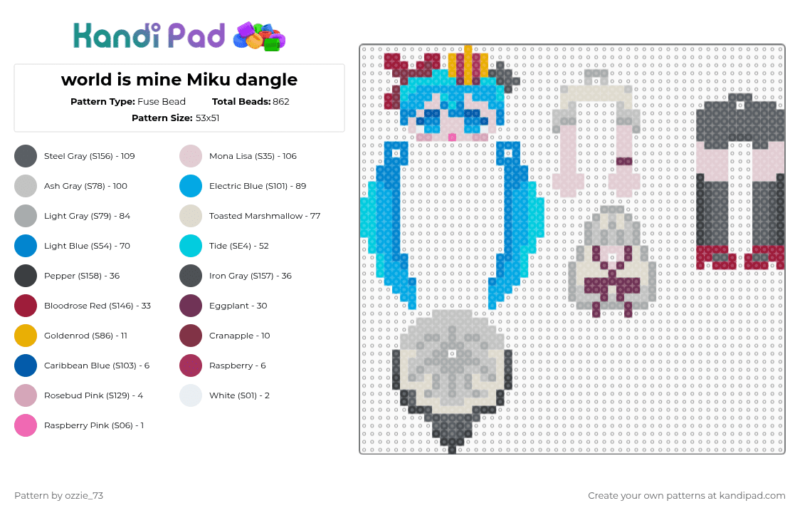 world is mine miku dangle! - Fuse Bead Pattern by ozzie_73 on Kandi Pad - light blue,blue,gray,beige,miku,hatsune miku,vocaloid,anime,kawaii,teto,sekai