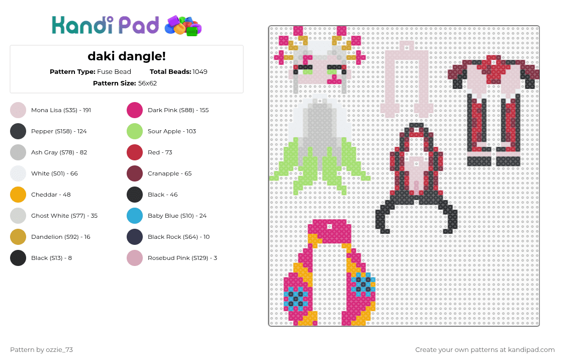 daki dangle! - Fuse Bead Pattern by ozzie_73 on Kandi Pad - pink,beige,brown,colorful,daki,gyutaro,demon slayer,anime,keychain,dangle,kawaii,yandere