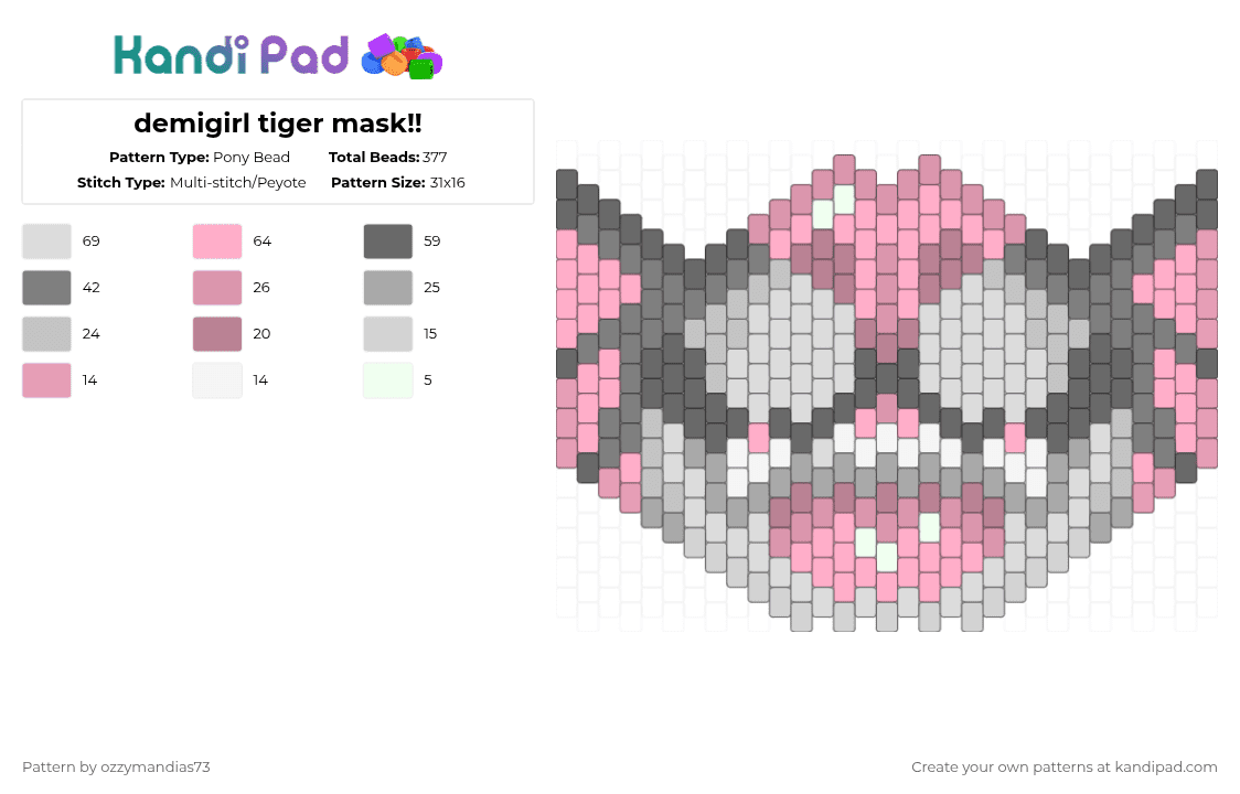 demigirl tiger mask!! - Pony Bead Pattern by ozzie_73 on Kandi Pad - gray,pink,tiger,demigirl,pride,cat,mask,furry,fursona,therian