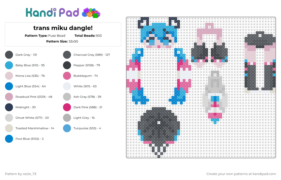trans miku dangle! - Fuse Bead Pattern by ozzie_73 on Kandi Pad - pink,gray,dangle,trans,pride,miku,hatsune miku,charm,keychain,anime