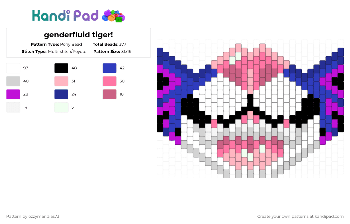 genderfluid tiger! - Pony Bead Pattern by ozzie_73 on Kandi Pad - purple,pink,genderfluid,pride,furry,fursona,cat,tiger,therian