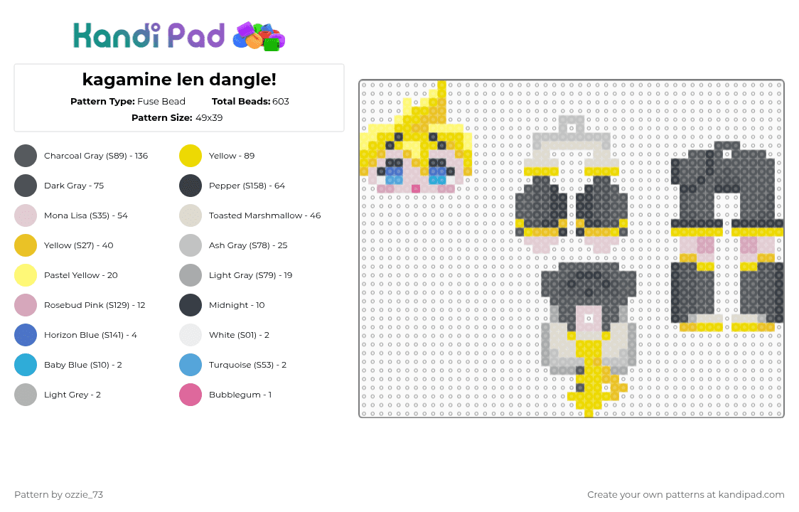 kagamine len dangle! - Fuse Bead Pattern by ozzie_73 on Kandi Pad - yellow,gray,beige,miku,hatsune miku,vocaloid,keychain,anime,kawaii,kagamine len