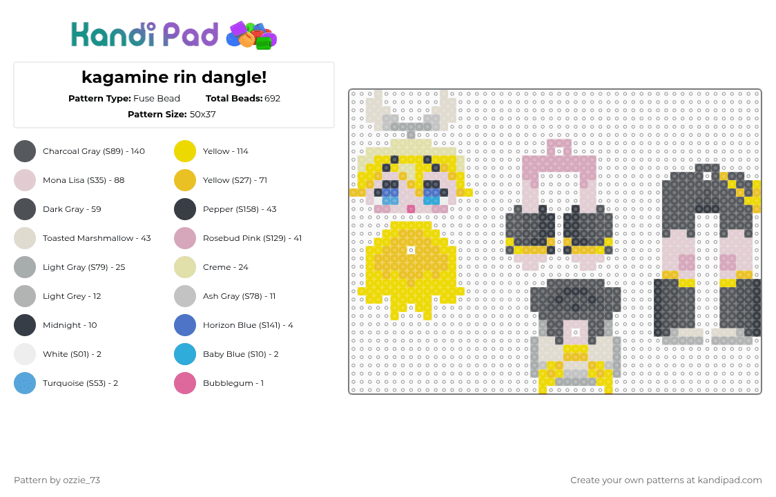 kagamine rin dangle! - Fuse Bead Pattern by ozzie_73 on Kandi Pad - yellow,gray,kagamine rin,rin,vocaloid,miku,teto,music,anime,kawaii