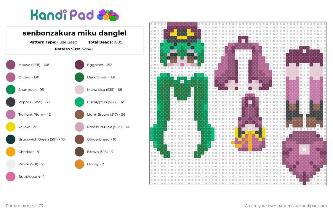 senbonzakura miku dangle! - Fuse Bead Pattern by ozzie_73 on Kandi Pad - pink,green,miku,hatsune miku,vocaloid,keychain,singer,dangle,kawaii,cute