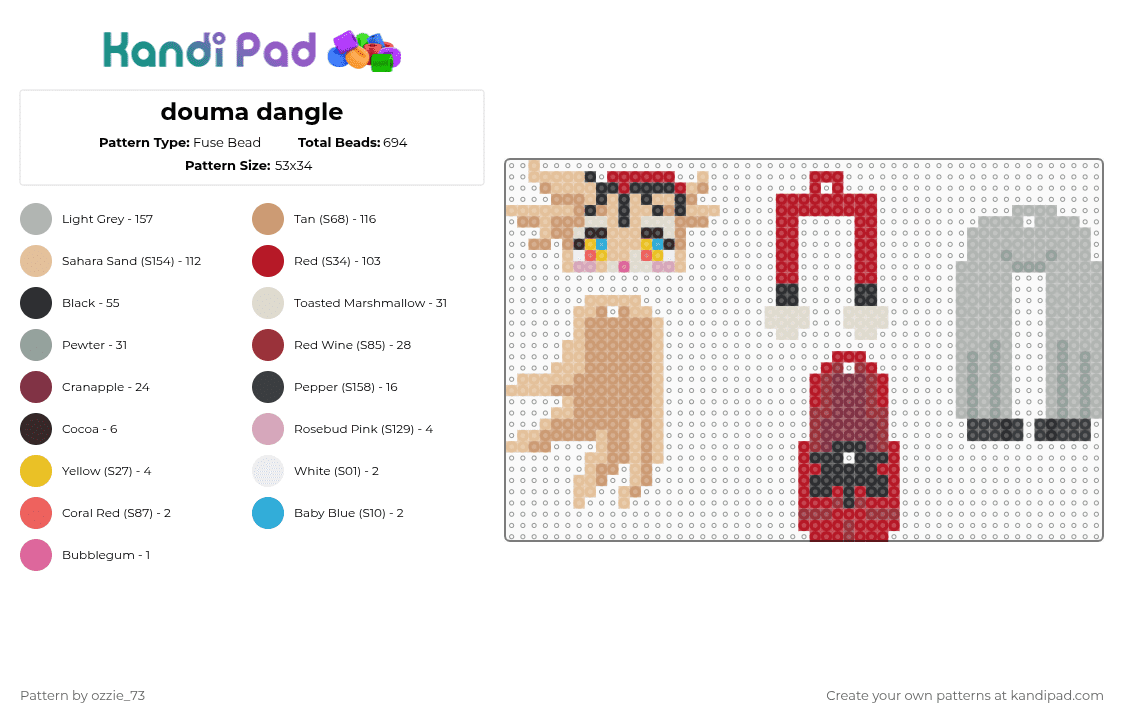 douma dangle - Fuse Bead Pattern by ozzie_73 on Kandi Pad - beige,red,douma,demon slayer,anime,dangle,keychain,charm,cute,kawaii