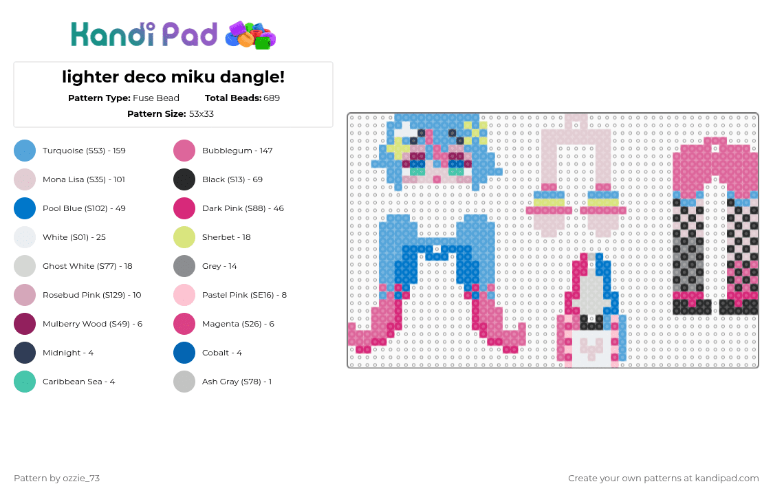 lighter deco miku dangle! - Fuse Bead Pattern by ozzie_73 on Kandi Pad - light blue,pink,blue,miku,hatsune miku,dangle,keychain,vocaloid,decora,anime,kawaii