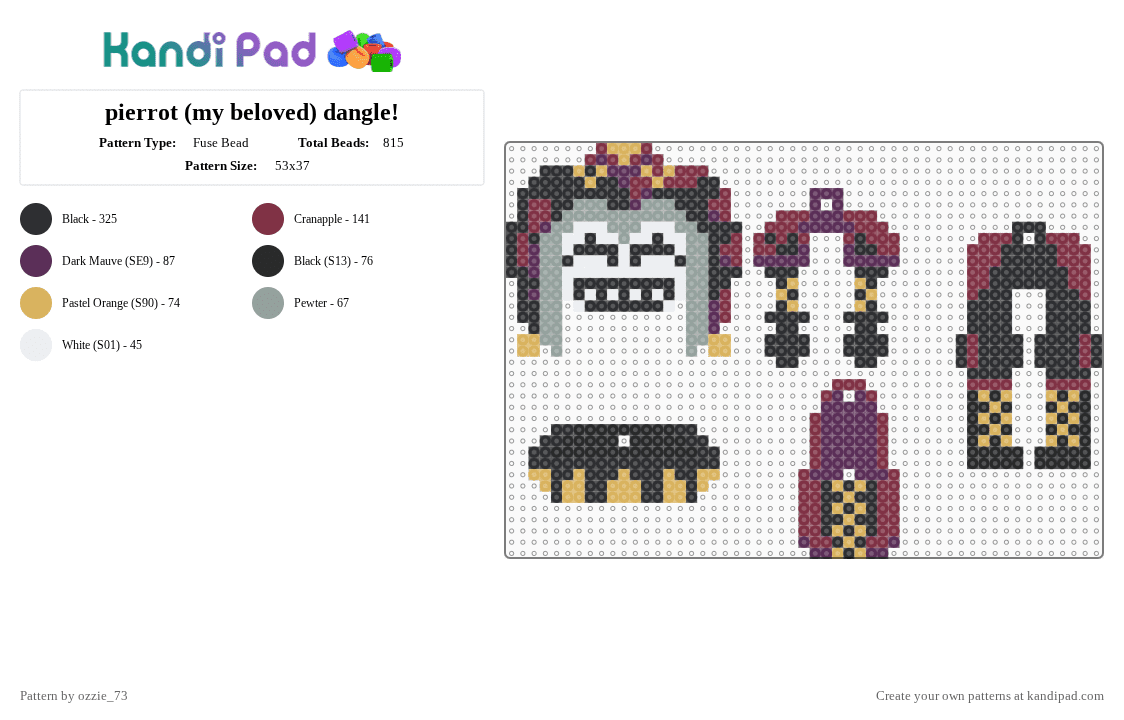 pierrot (my beloved) dangle! - Fuse Bead Pattern by ozzie_73 on Kandi Pad - black,pink,brown,pierrot,freak circus,dangle,keychain,video game,cute,yandere,harlequin