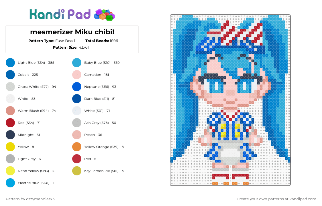 mesmerizer miku - Fuse Bead Pattern by ozzie_73 on Kandi Pad - beige,blue,light blue,miku,hatsune miku,vocaloid,mesmerizer,anime,kawaii,chibi