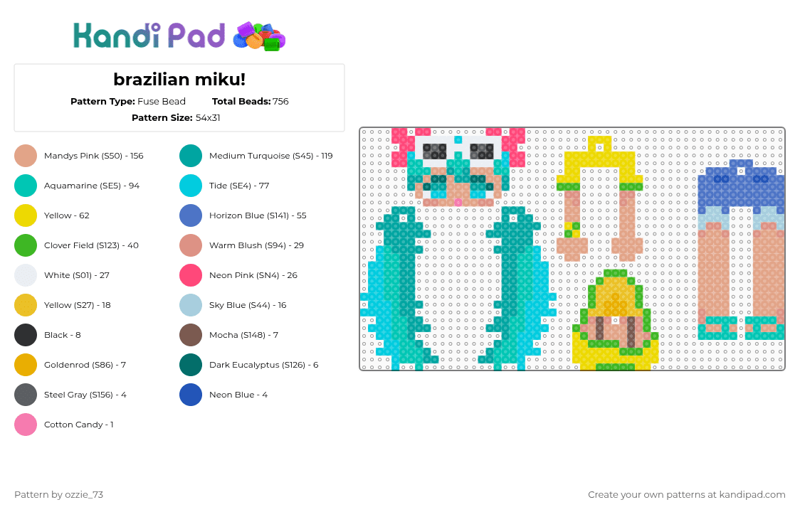 brazilian miku dangle! - Fuse Bead Pattern by ozzie_73 on Kandi Pad - teal,beige,yellow,colorful,miku,hatsune miku,vocaloid,kawaii,anime,singer,music,keychain