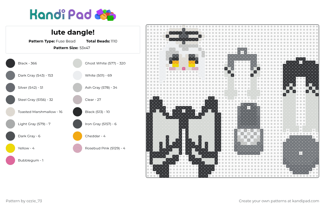 lute dangle! - Fuse Bead Pattern by ozzie_73 on Kandi Pad - white,gray,beige,lute,dangle,keychain,hazbin,animated,anime,charm