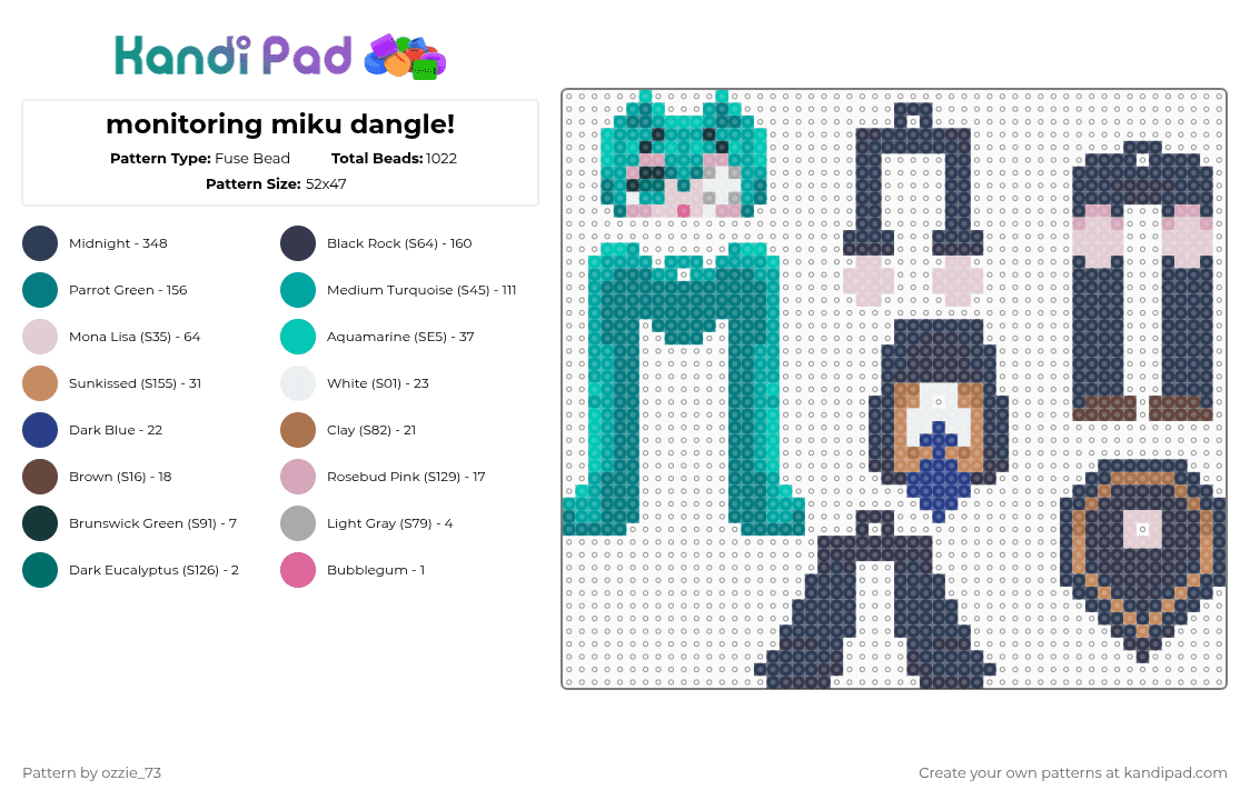monitoring miku dangle! - Fuse Bead Pattern by ozzie_73 on Kandi Pad - purple,teal,miku,keychain,hatsune miku,anime,vocaloid,kawaii,cute,teto