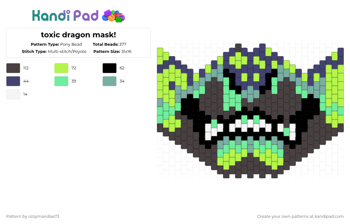toxic dragon mask! - Pony Bead Pattern by ozzie_73 on Kandi Pad - green,brown,teal,dragon,toxic,biohazard,radioactive,furry,fursona,therian