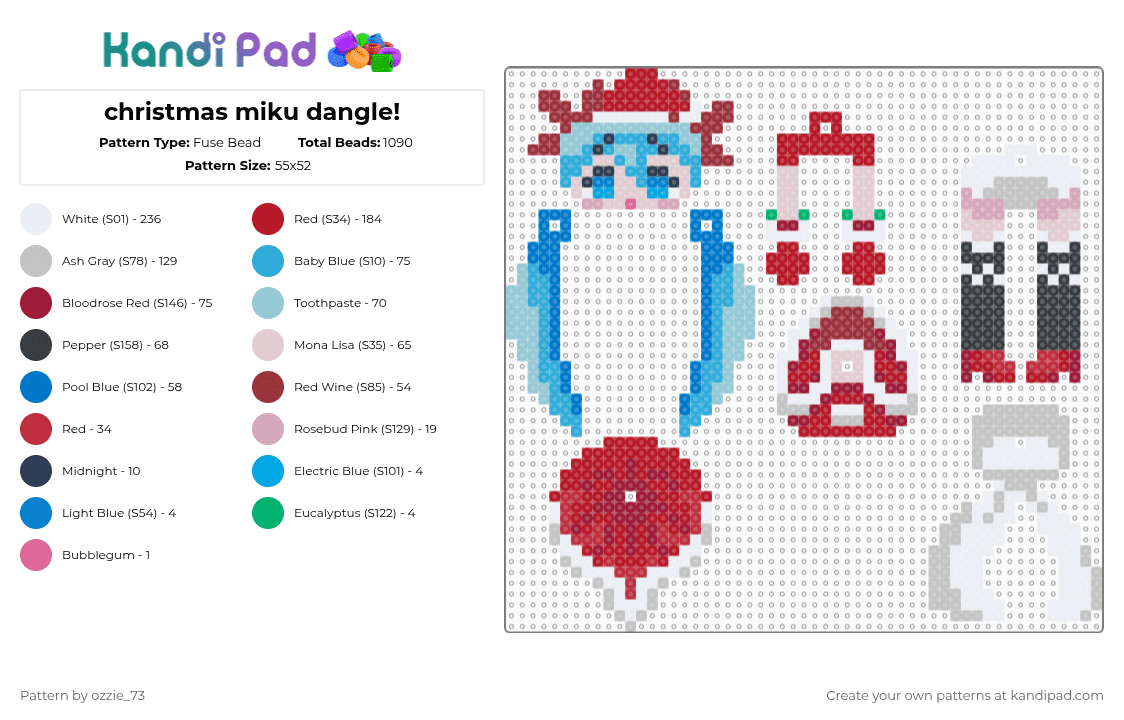 christmas miku dangle! - Fuse Bead Pattern by ozzie_73 on Kandi Pad - light blue,red,beige,miku,christmas,vocaloid,anime,holiday,hatsune miku,teto,keychain