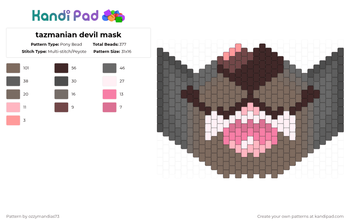 tazmanian devil mask - Pony Bead Pattern by ozzie_73 on Kandi Pad - gray,brown,tan,mask,furry,fursona