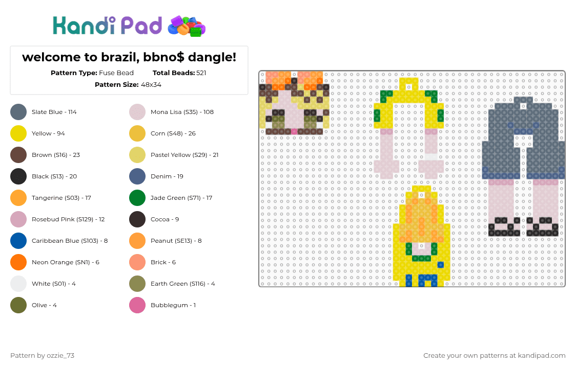 welcome to brazil, bbno$ dangle! - Fuse Bead Pattern by ozzie_73 on Kandi Pad - yellow,gray,singer,bbno,ironmouse,brazil,tropical,dangle,chibi,cute