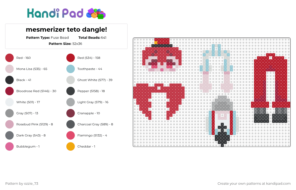 mesmerizer teto dangle! - Fuse Bead Pattern by ozzie_73 on Kandi Pad - red,mesmerizer,teto,miku,hatsune miku,kawaii,anime,keychain,cute