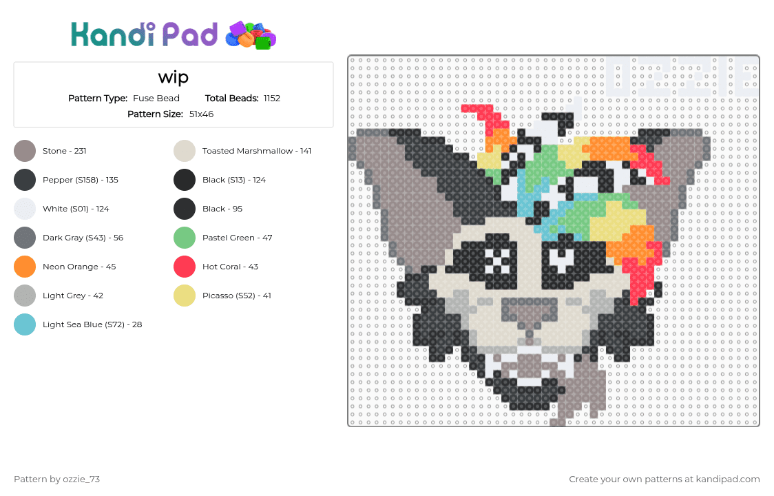 max the sparkledog :3 - Fuse Bead Pattern by ozzie_73 on Kandi Pad - beige, dog, furry, fursona, gray, head, sparkledog, wolf