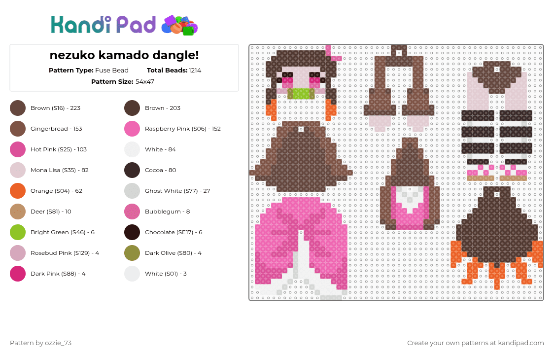 nezuko kamado dangle! - Fuse Bead Pattern by ozzie_73 on Kandi Pad - brown,pink,tan,nezuko,nezuko kamado,demon slayer,anime,kawaii,charm,keychain,tanjiro