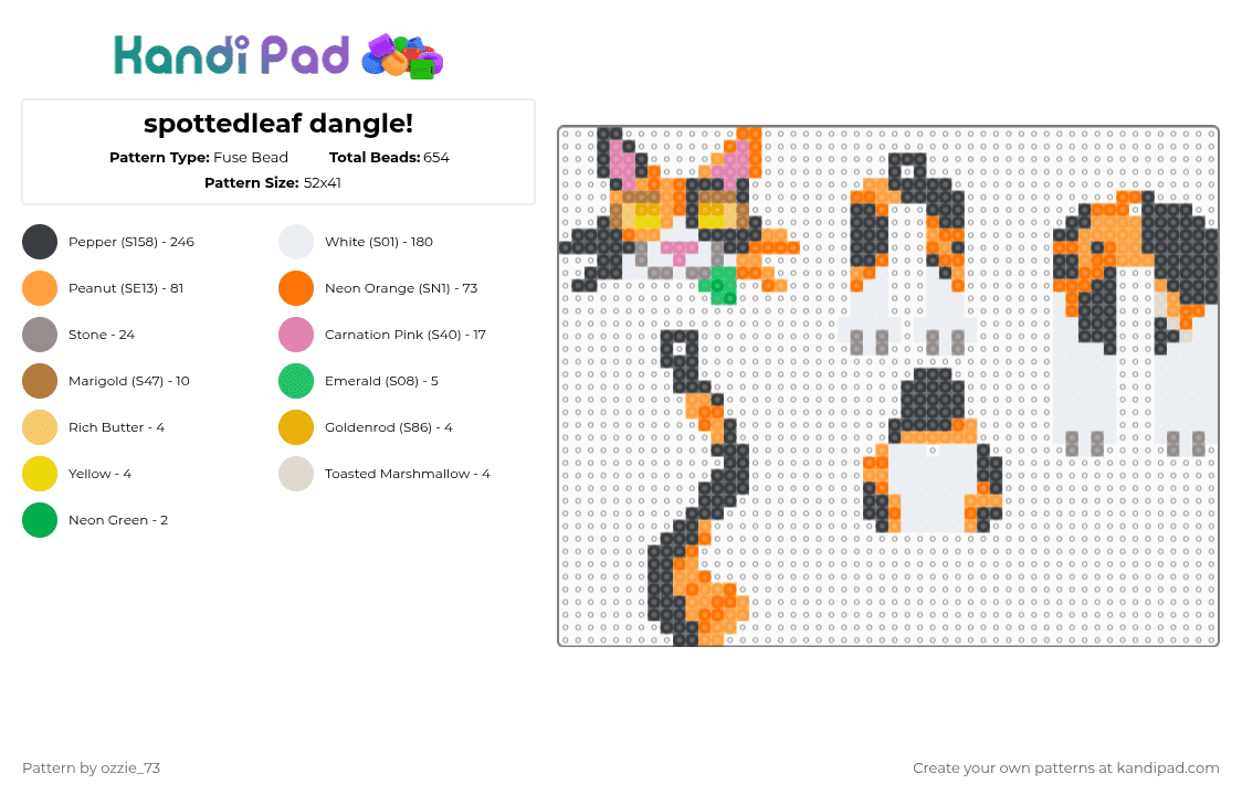 spottedleaf dangle! - Fuse Bead Pattern by ozzie_73 on Kandi Pad - white,orange,spottedleaf,wcue,warriors,cat,cute,dangle,keychain,character