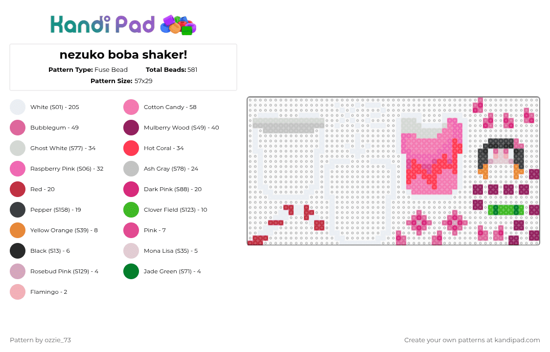 nezuko boba shaker! - Fuse Bead Pattern by ozzie_73 on Kandi Pad - white,pink,nezuko,nezuko kamado,boba,shaker,keychain,anime,demon slayer,kawaii
