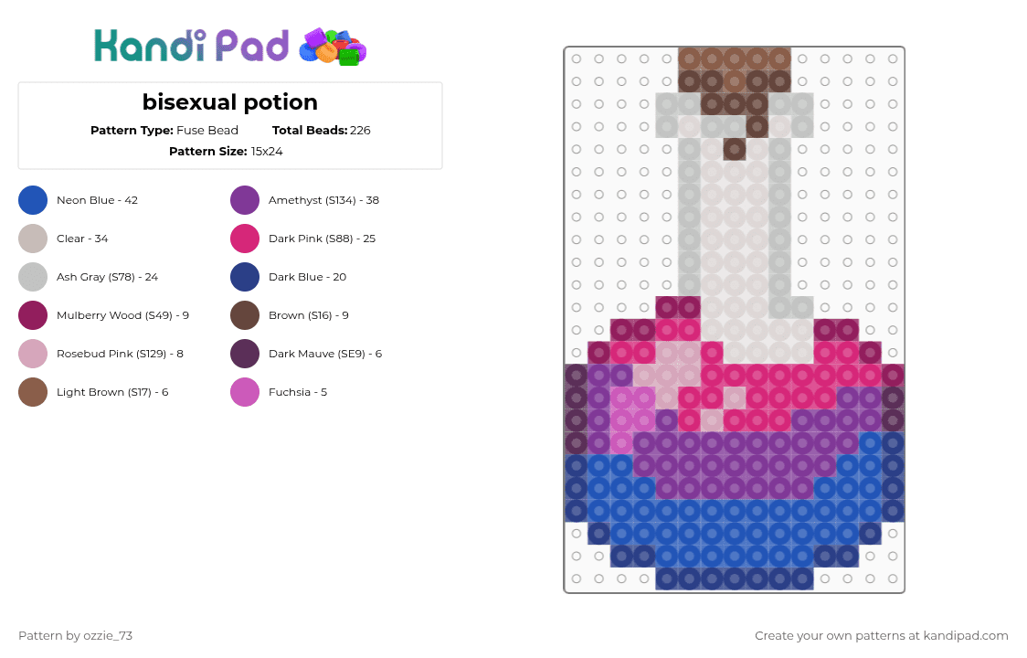 bisexual potion - Fuse Bead Pattern by ozzie_73 on Kandi Pad - beige,pink,blue,bisexual,bi,pride,flag,potion,charm